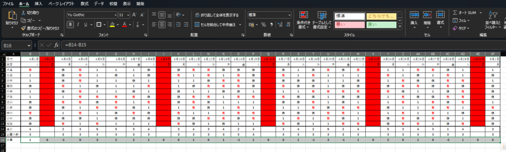 エクセルのシフト表